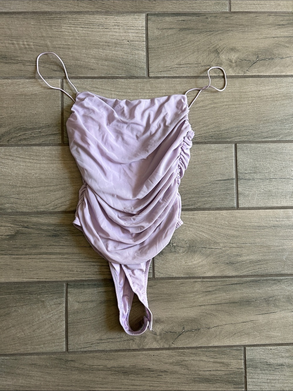 Ruched Lilac Spaghetti-Strap Bodysuit